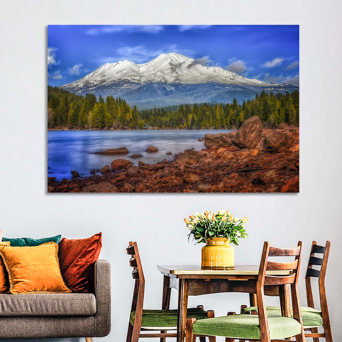 Mount Shasta Over Lake Siskiyou Wall Art in a room, landscape