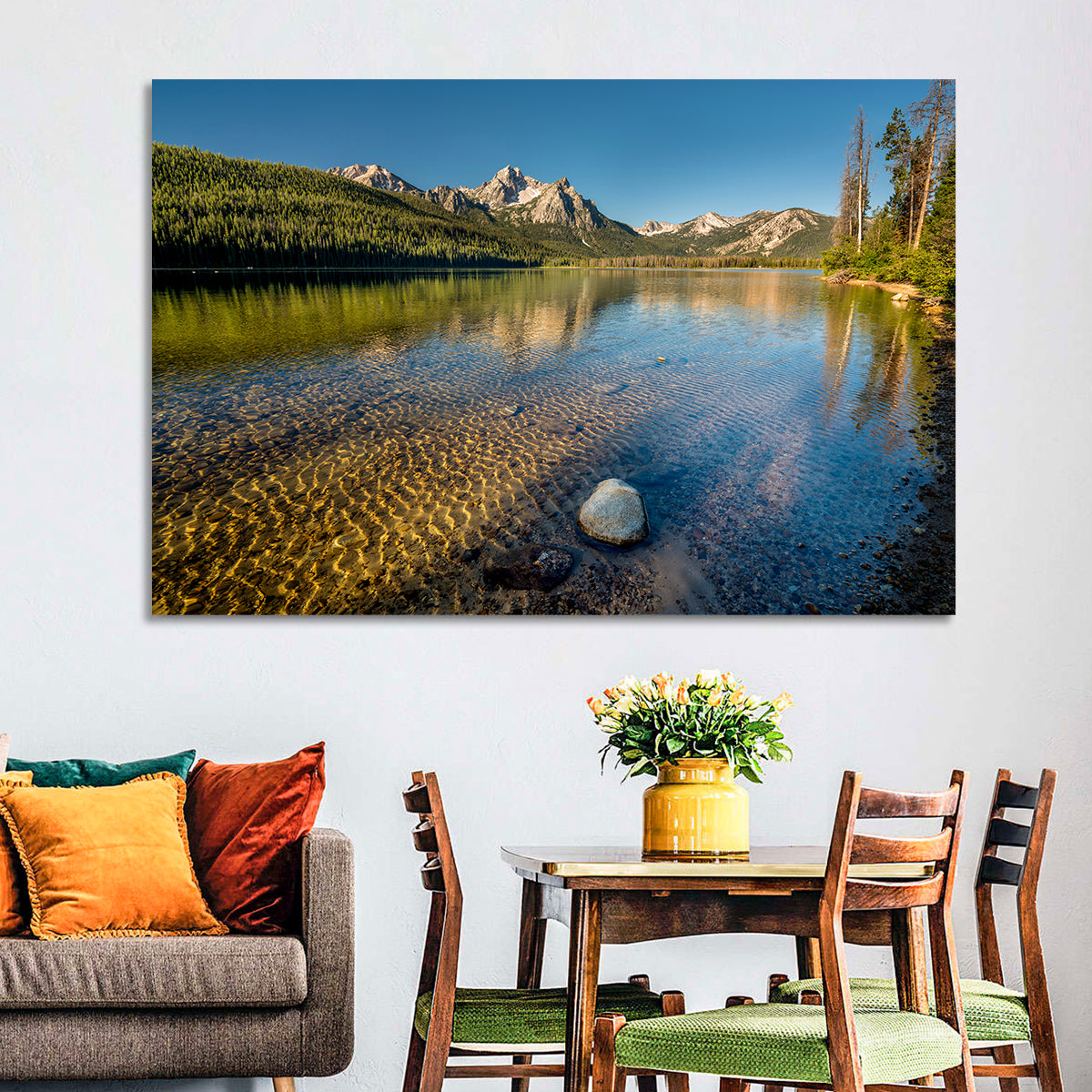 Morning Light at Stanley Lake Wall Art in a room, landscape