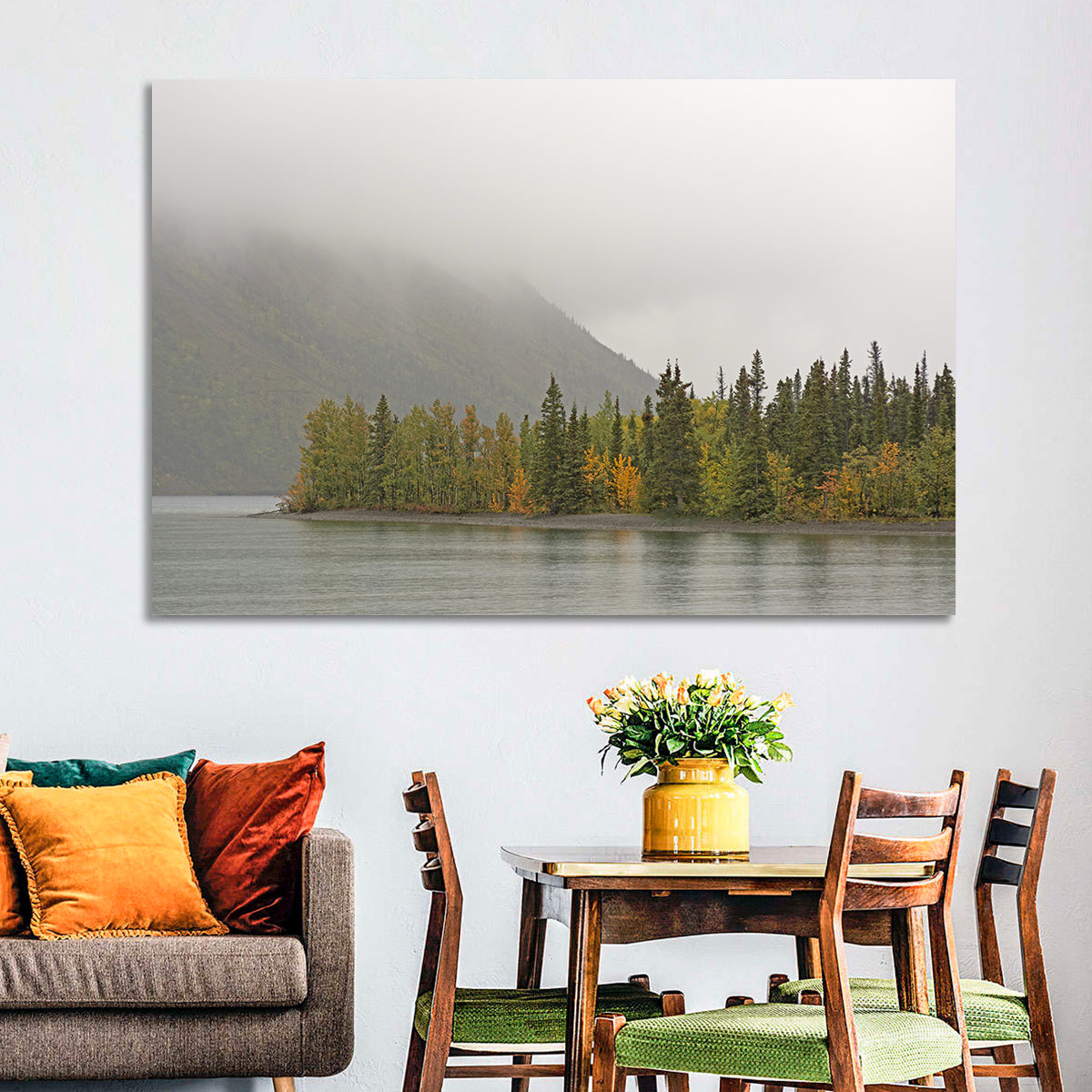 Kathleen Lake Autumn Shoreline Wall Art in a room, landscape
