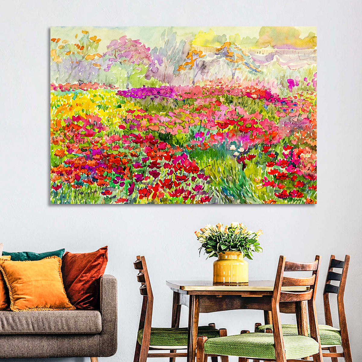 Summer Poppy Meadow Watercolor Wall Art