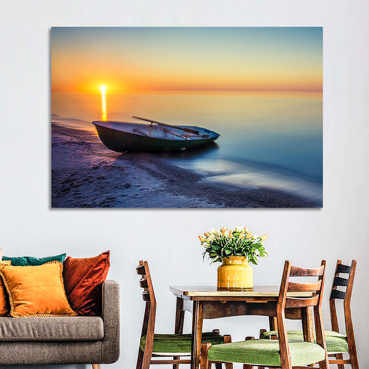 Rowboat Sunrise Seascape Wall Art in a room, landscape
