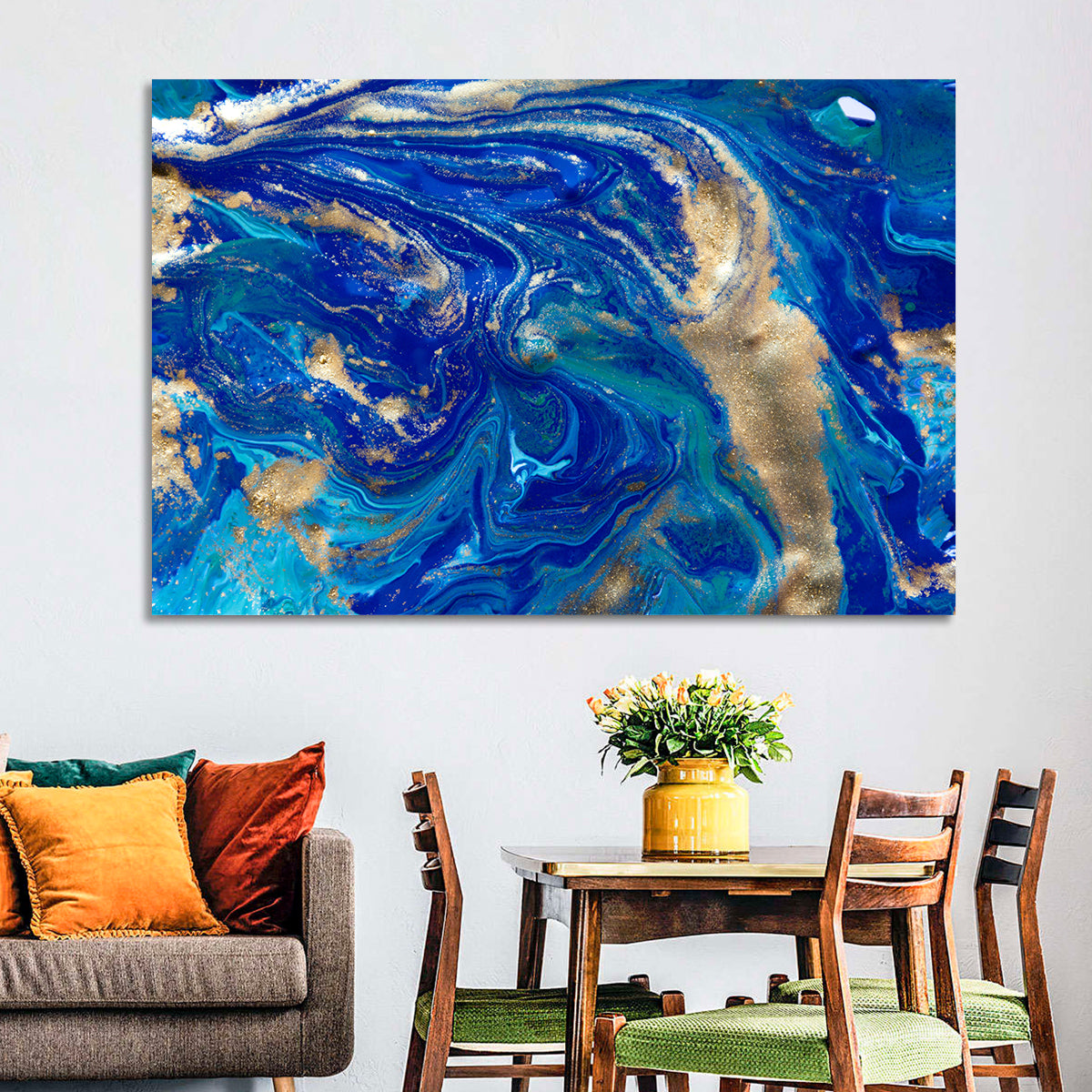 Blue and Gold Liquid Marble Swirls Wall Art in a room, landscape