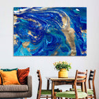 Blue and Gold Liquid Marble Swirls Wall Art