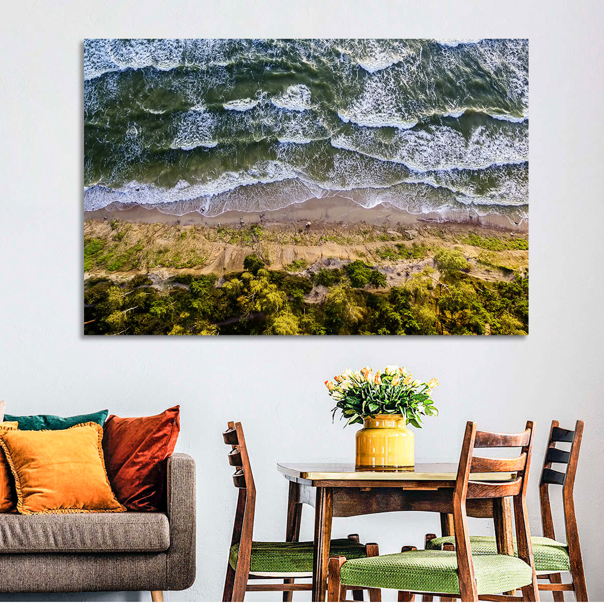 Aerial Waves Over Sandy Cliff Wall Art in a room, landscape