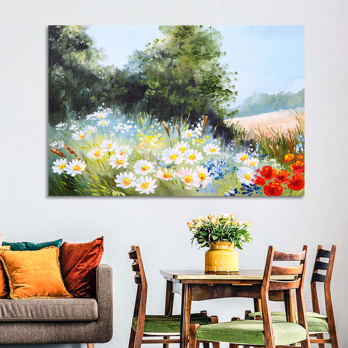Sunny Daisy Meadow with Red Poppies Wall Art in a room, landscape