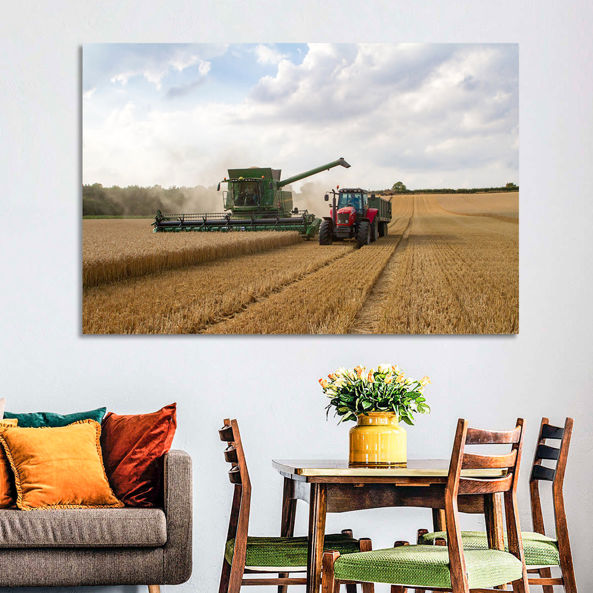Wheat Harvest with Combine and Tractor Wall Art in a room, landscape