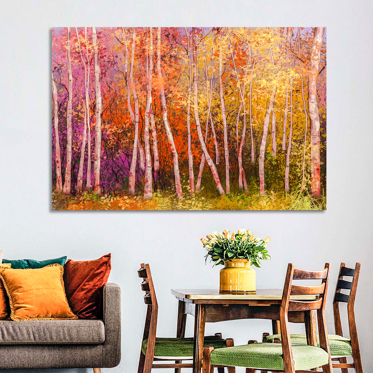 Vibrant Autumn Birch Grove Wall Art in a room, landscape