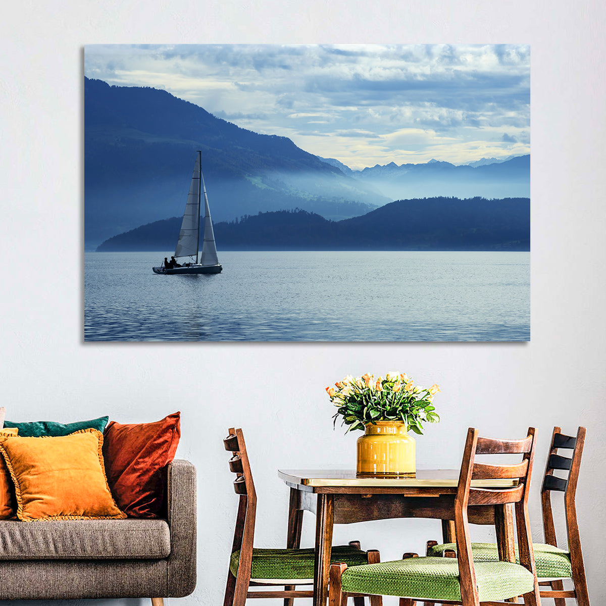 Lake Zug Sailing Wall Art in a room, landscape