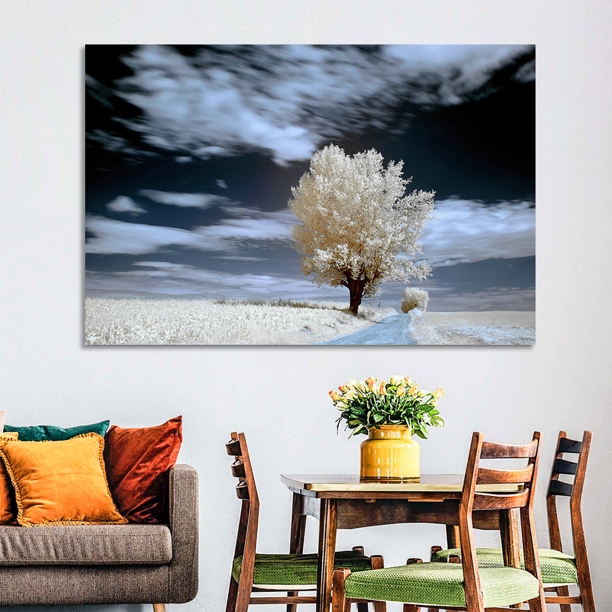 Infrared Winter Willow Tree Wall Art in a room, landscape