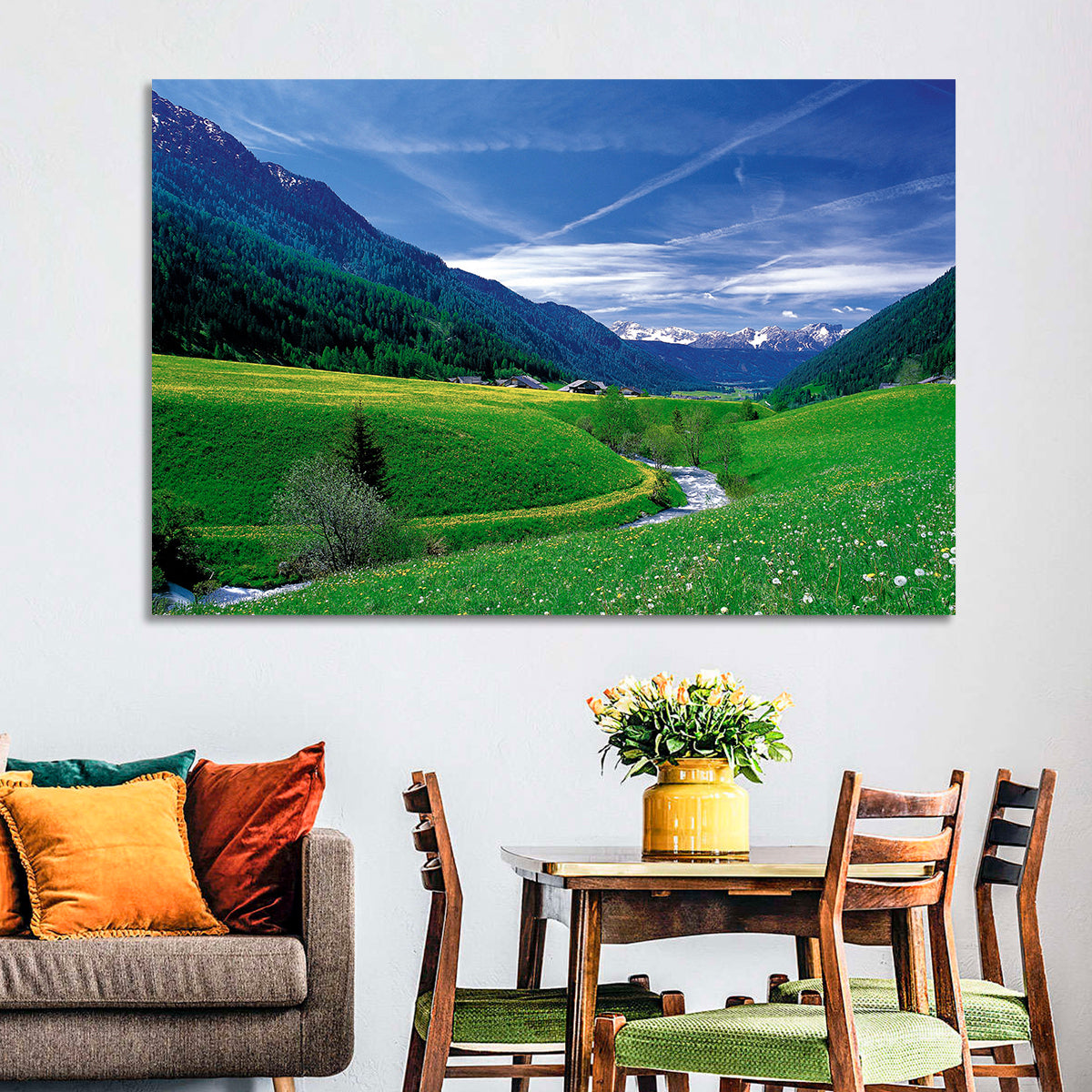 Snow-capped Peaks and Floral Meadow Wall Art in a room, landscape