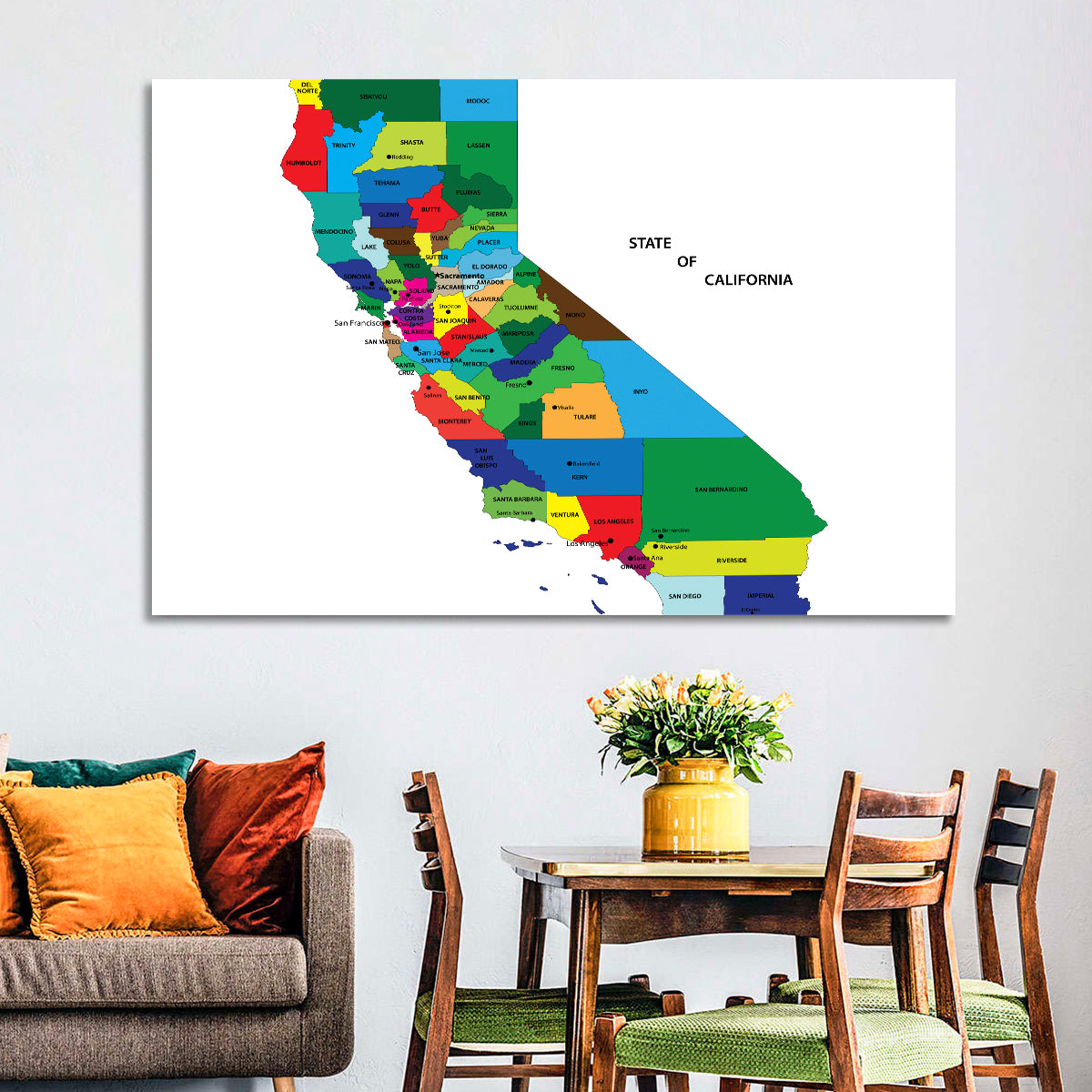 California Map with Colored Counties Wall Art