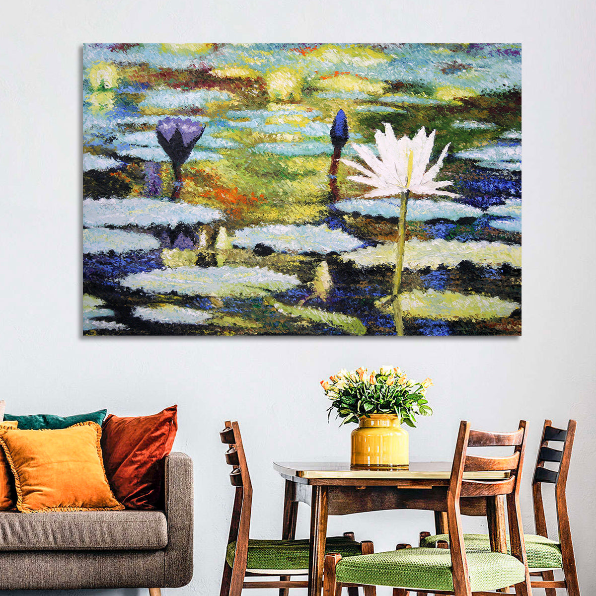 Impressionist Water Lilies Study Wall Art in a room, landscape