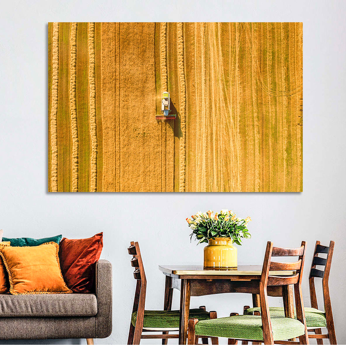 Aerial Wheat Harvest Wall Art in a room, landscape