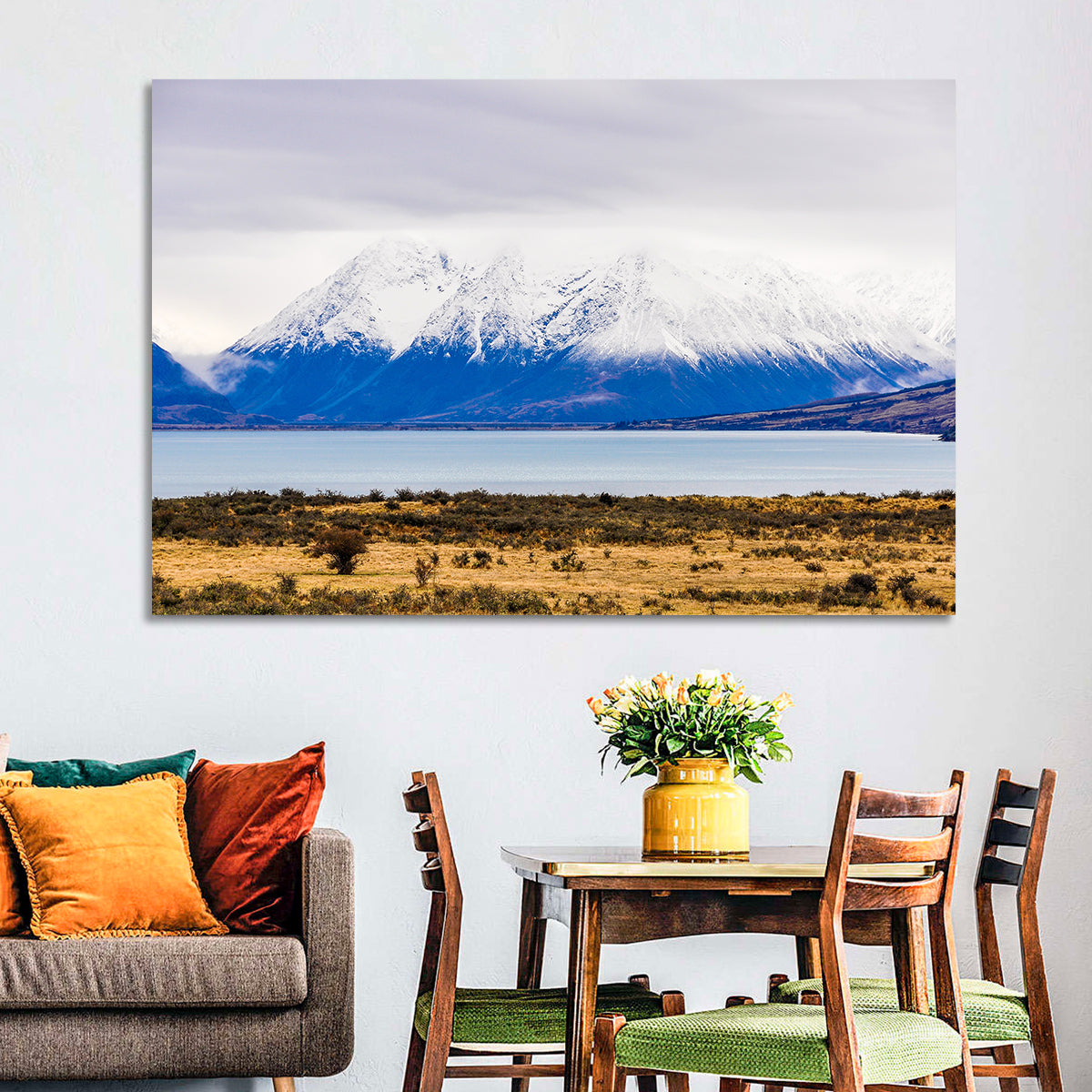 Lake Ohau Snowy Peaks Wall Art in a room, landscape