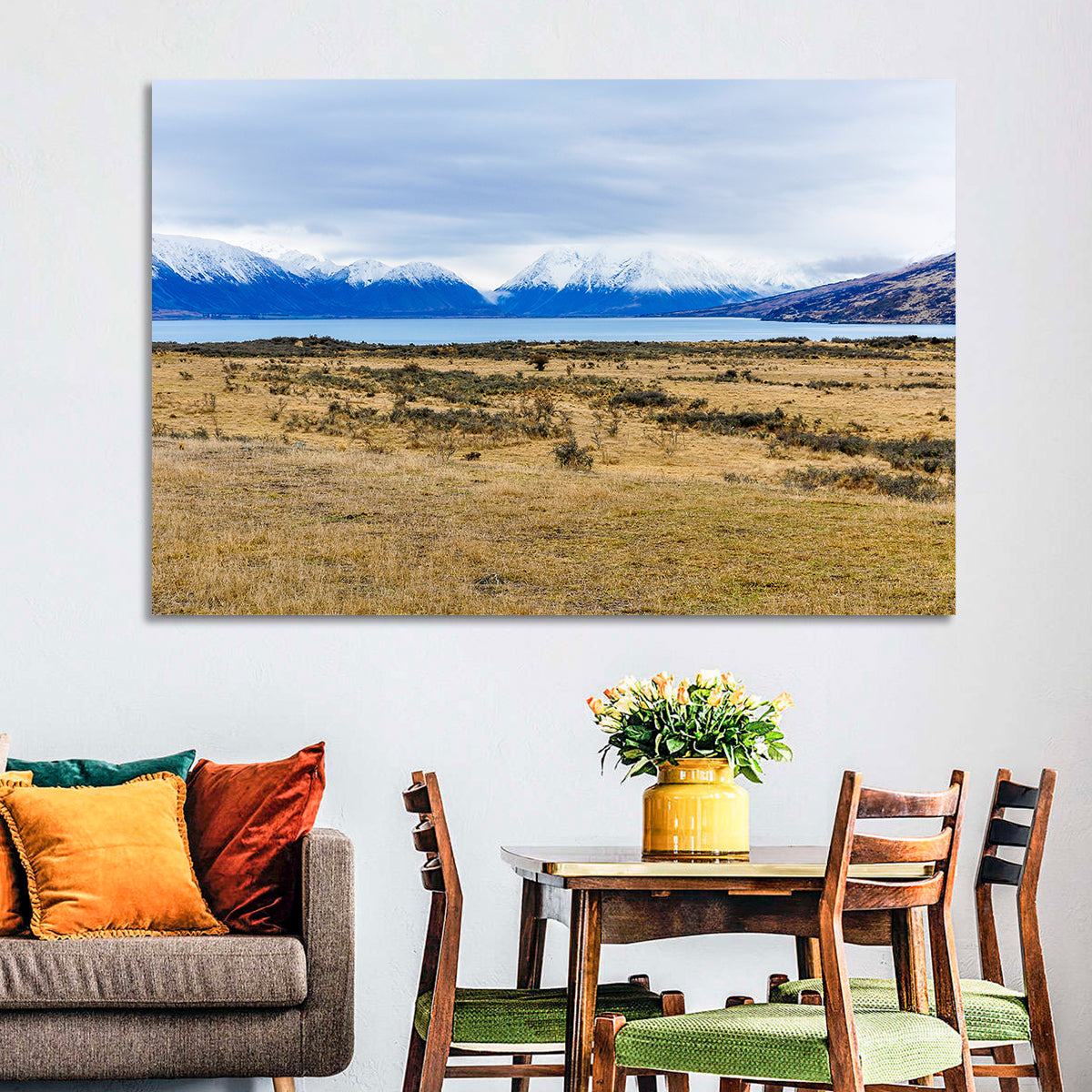 Snowy Peaks of Lake Ohau Wall Art in a room, landscape