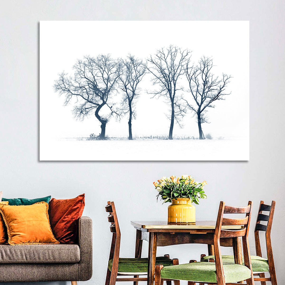 Four Bare Trees in Winter Wall Art in a room, landscape