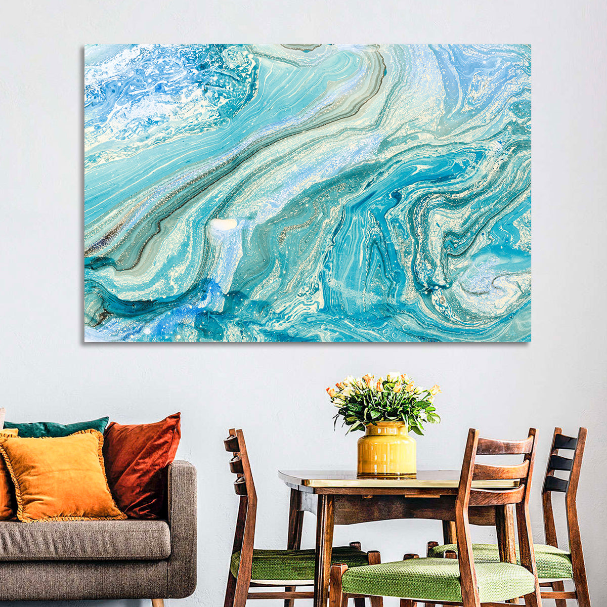 Aqua Marble Swirls with Silver Accents Wall Art in a room, landscape