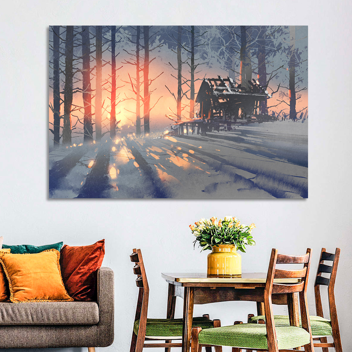 Snowy Forest Cabin at Sunset Wall Art in a room, landscape