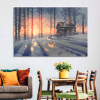 Snowy Forest Cabin at Sunset Wall Art