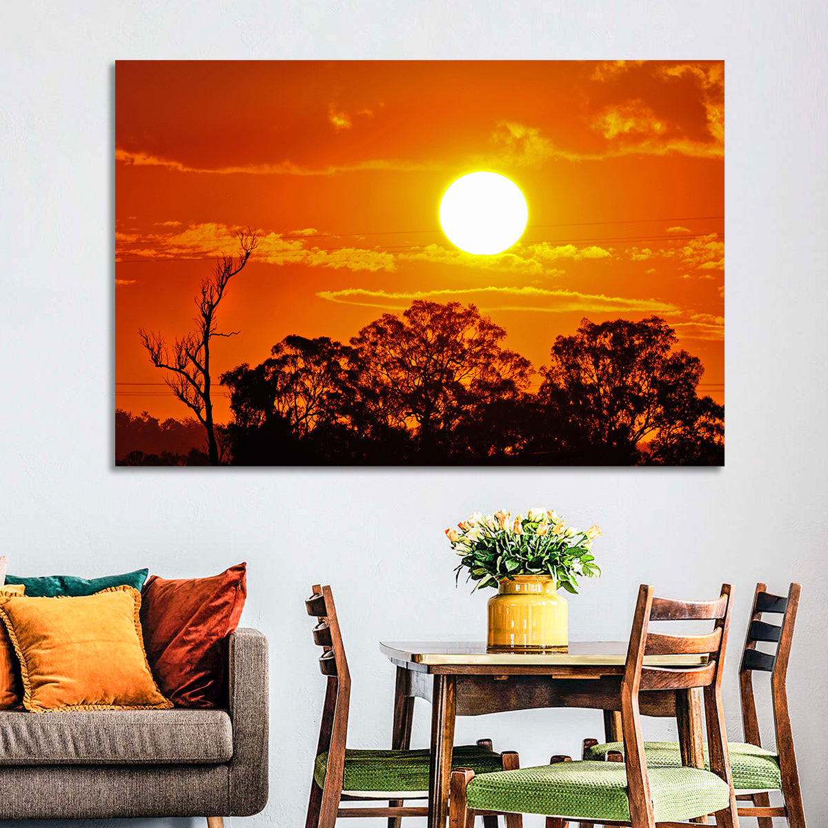 Burning Sun Over Tree Silhouettes Wall Art