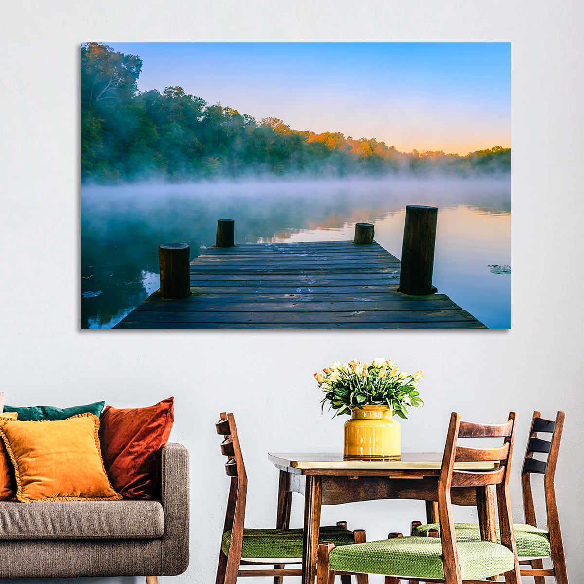 Misty Dock, Mt Saint Francis Wall Art in a room, landscape
