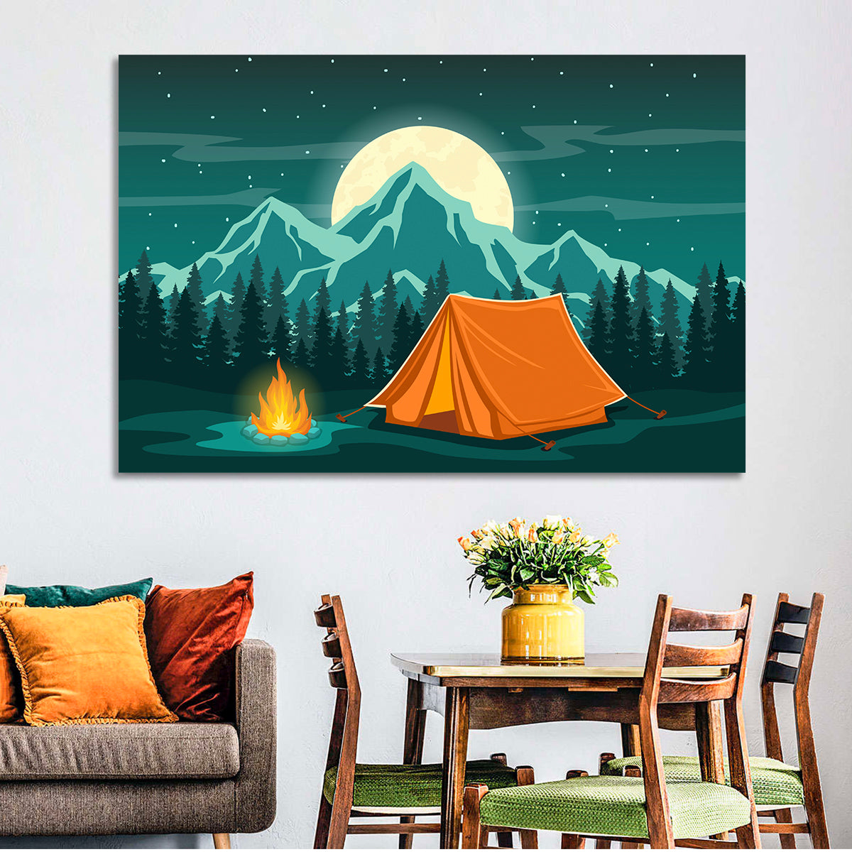 Moonlit Campfire Landscape Wall Art in a room, landscape