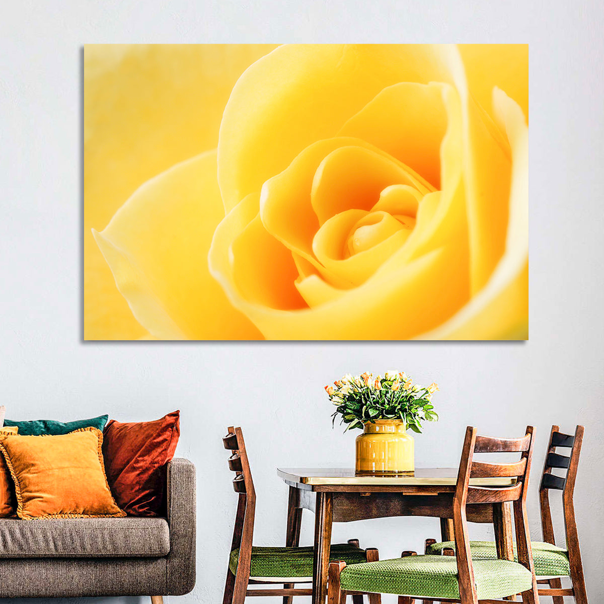 Soft-lit Yellow Rose Close-up Wall Art in a room, landscape