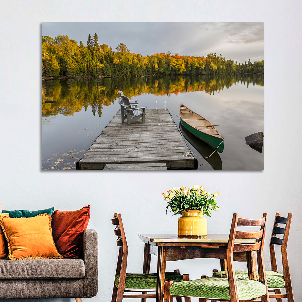 Ontario Autumn Lake Dock Wall Art in a room, landscape