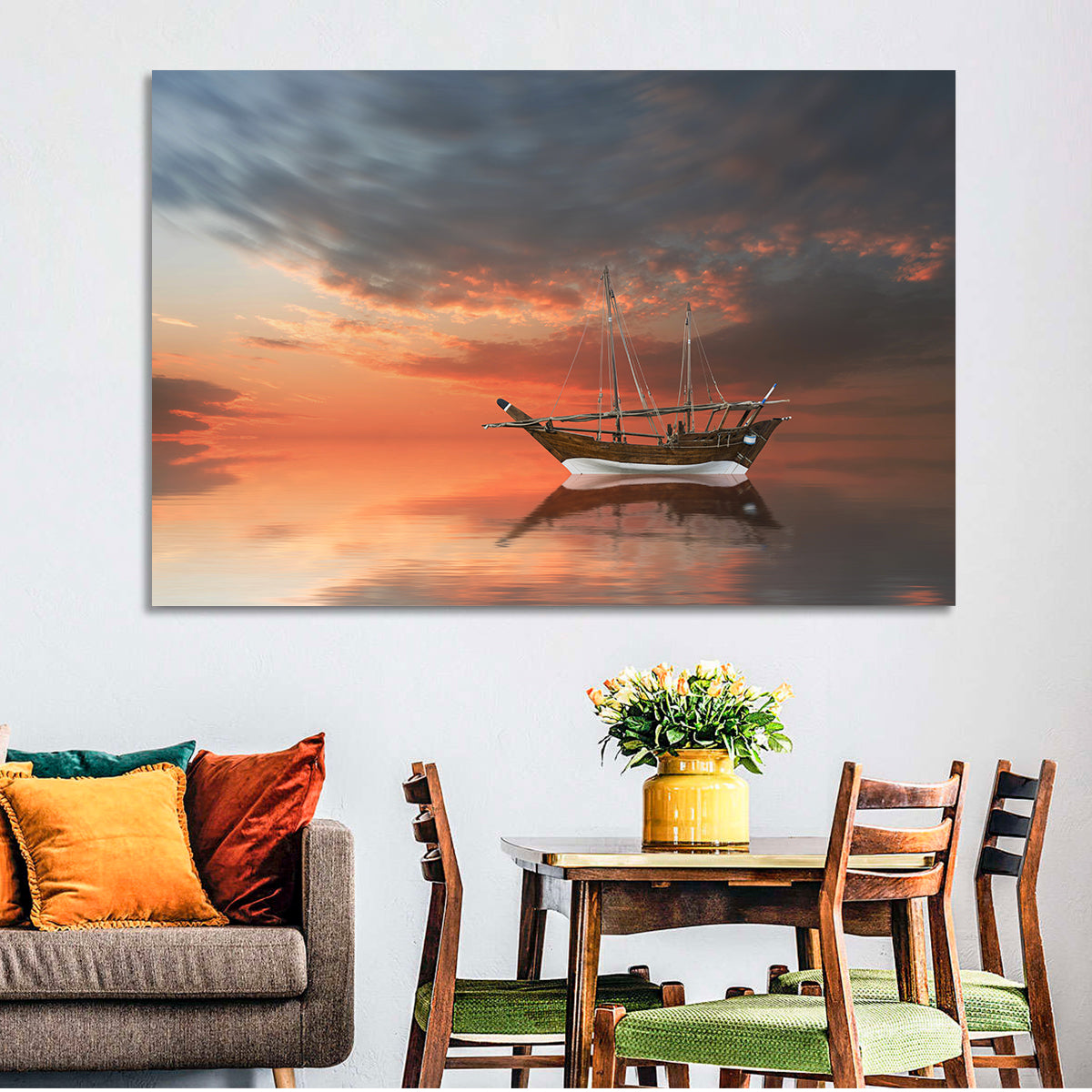 Dhow at Sunset Wall Art in a room, landscape