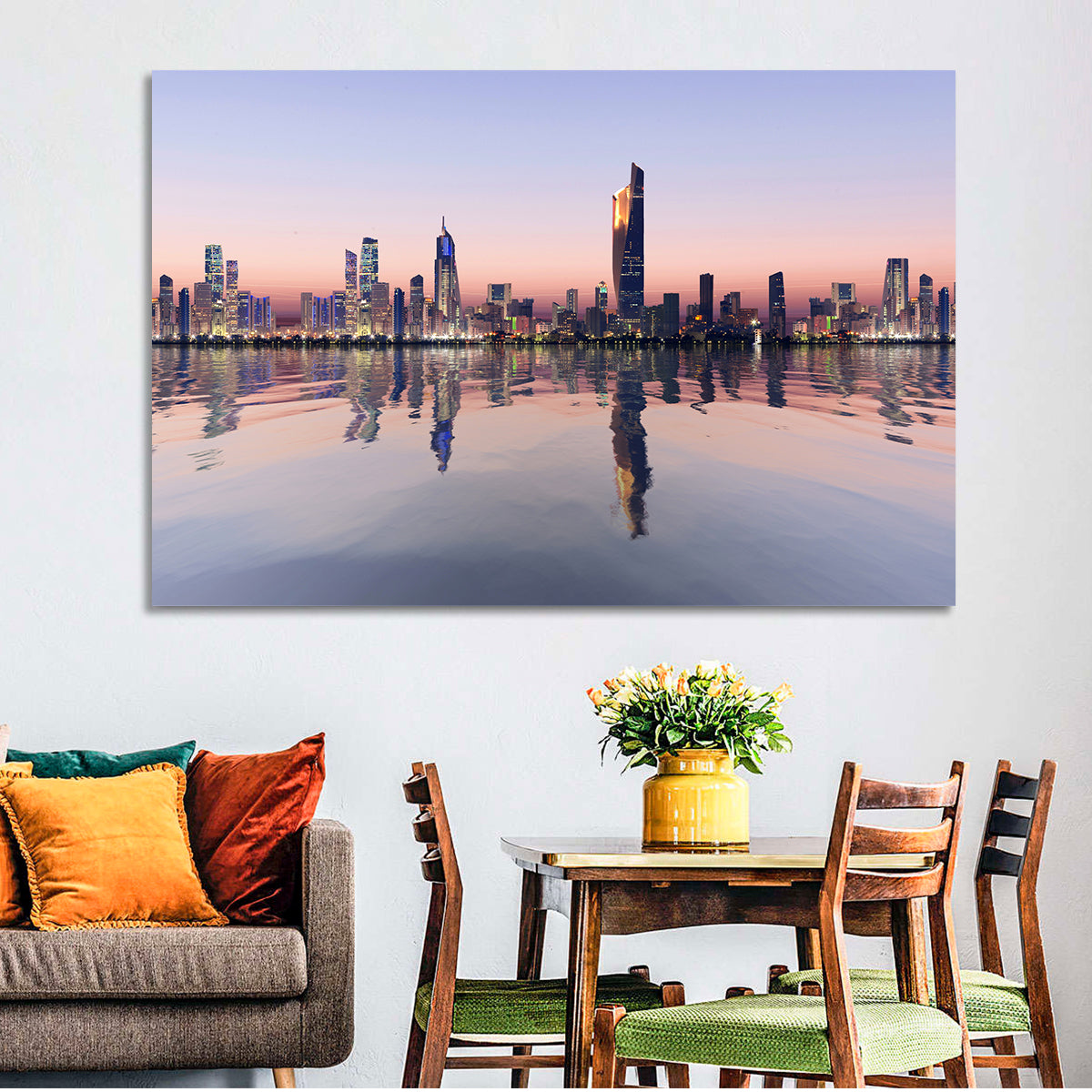 Al Hamra Tower Twilight Skyline Wall Art in a room, landscape