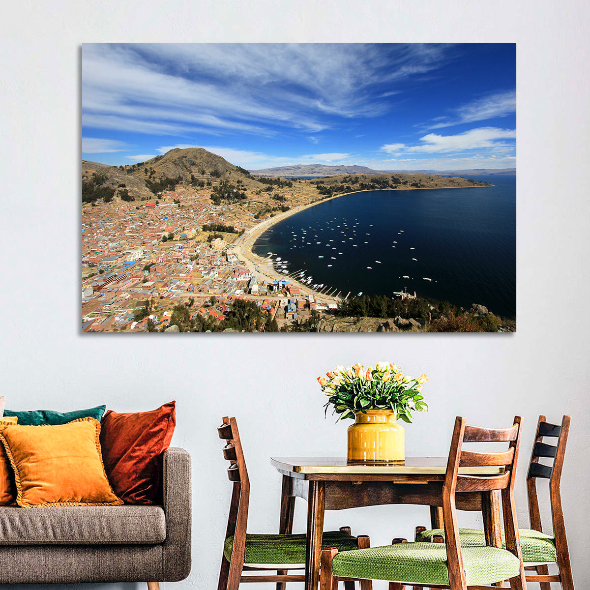 Copacabana Aerial Over Lake Titicaca Wall Art in a room, landscape