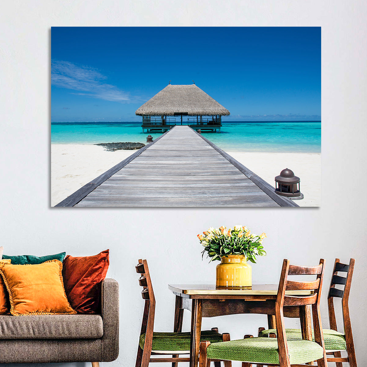 Maldives Turquoise Pier Wall Art in a room, landscape