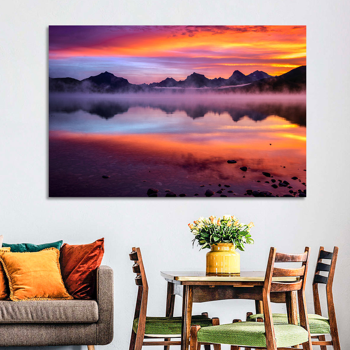Lake Mcdonald Misty Sunset Wall Art in a room, landscape