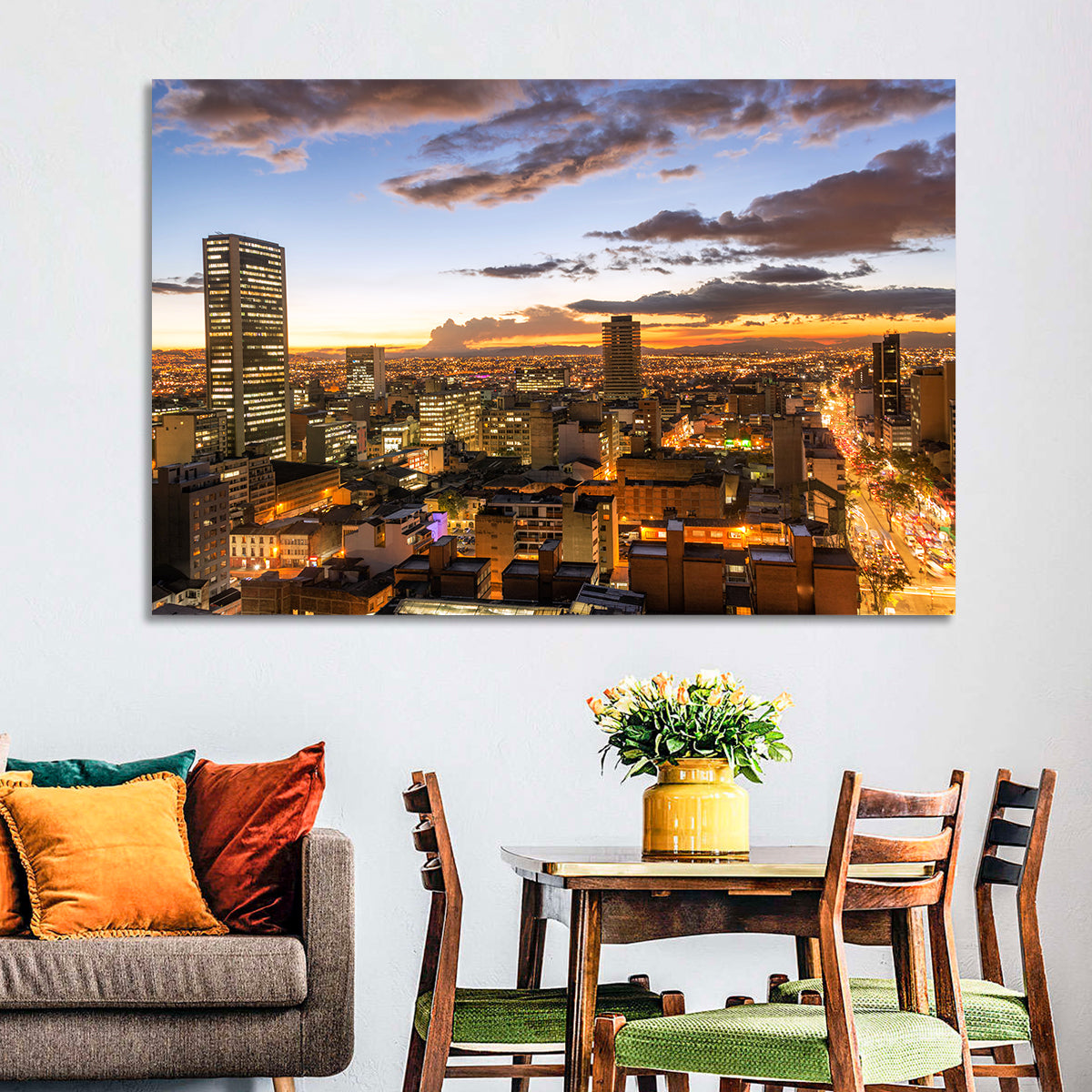 Bogota Twilight Cityscape Wall Art in a room, landscape