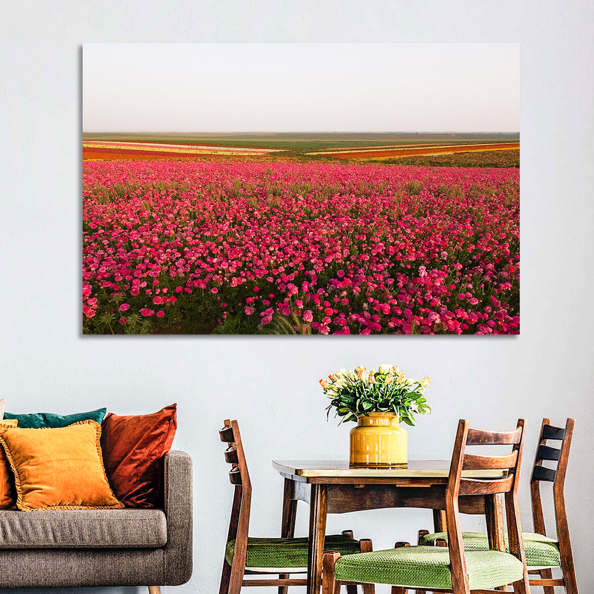 Pink Ranunculus Flower Field Wall Art in a room, landscape
