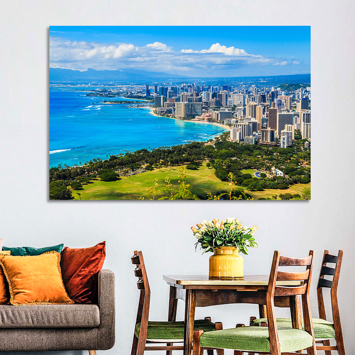 Honolulu Skyline Wall Art in a room, landscape