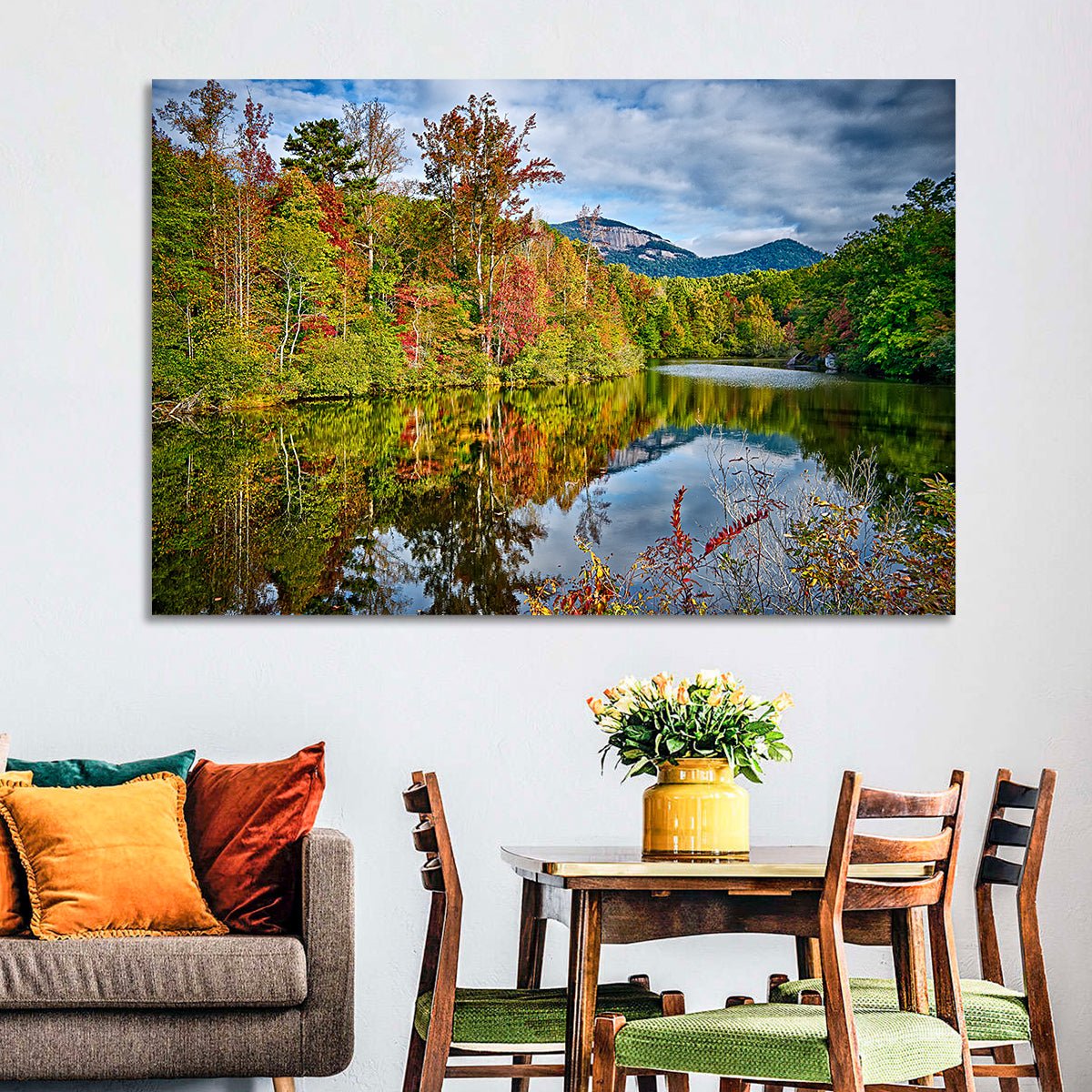 Lake Jocassee Autumn Reflection Wall Art in a room, landscape