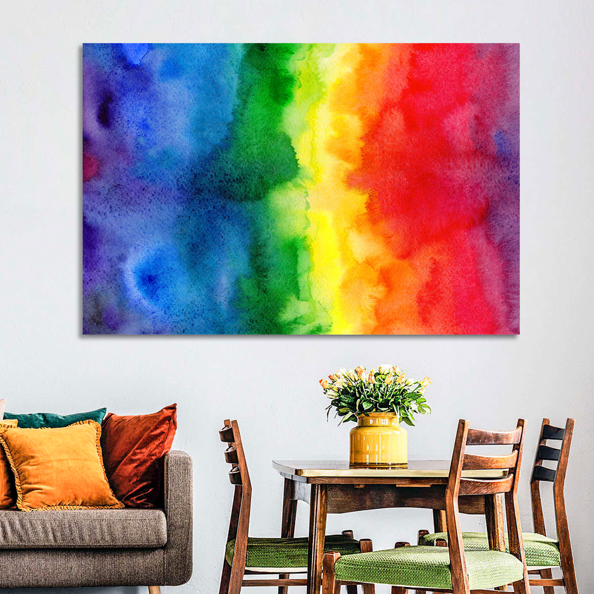 Watercolor Rainbow Gradient Wall Art in a room, landscape