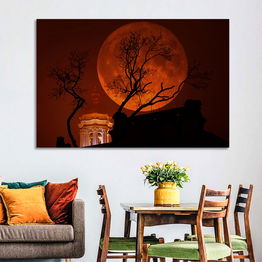 Haunted Supermoon Over Church Spire Wall Art