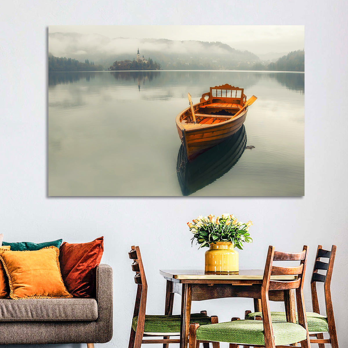 Wooden Boat on Misty Lake Bled Wall Art