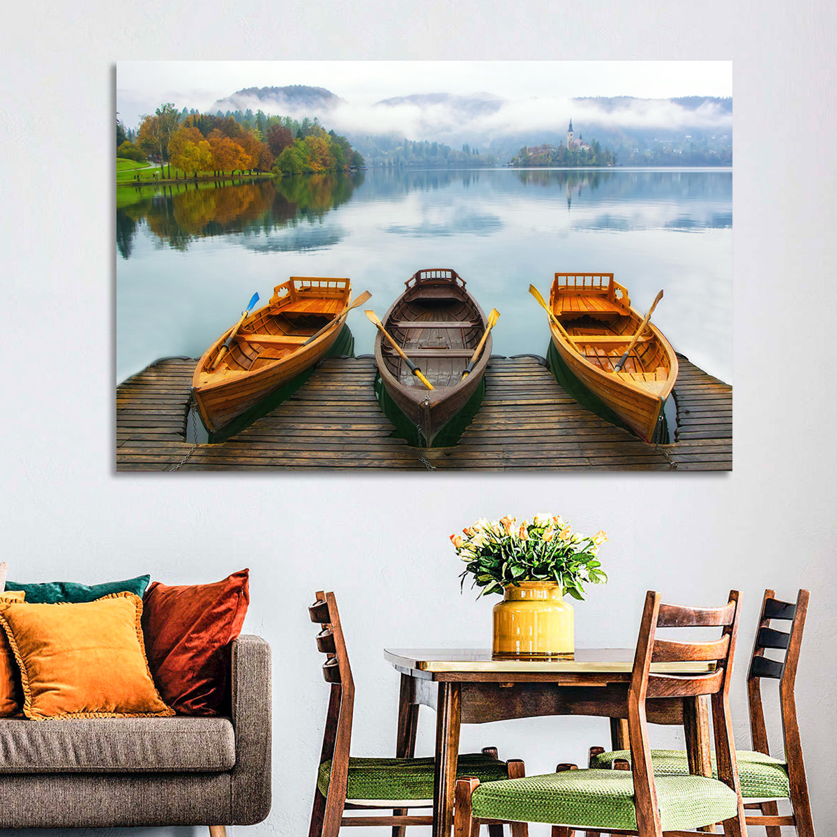 Moored Boats on Misty Lake Bled Wall Art in a room, landscape
