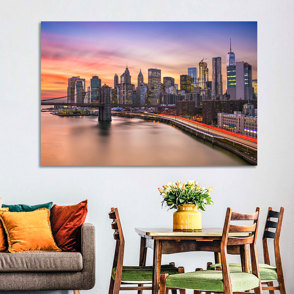 Brooklyn Bridge Light Trails Over Lower Manhattan Wall Art