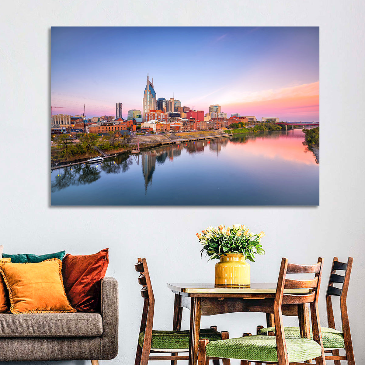 Nashville Skyline at Dusk Wall Art in a room, landscape