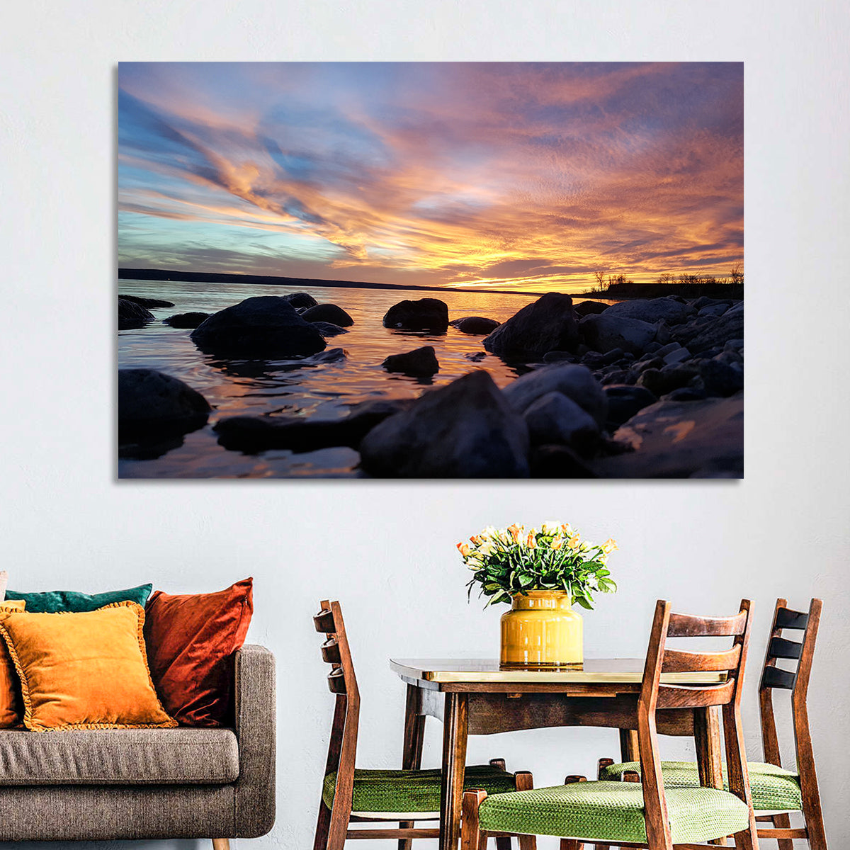 Lake Sakakawea Sunset Wall Art in a room, landscape