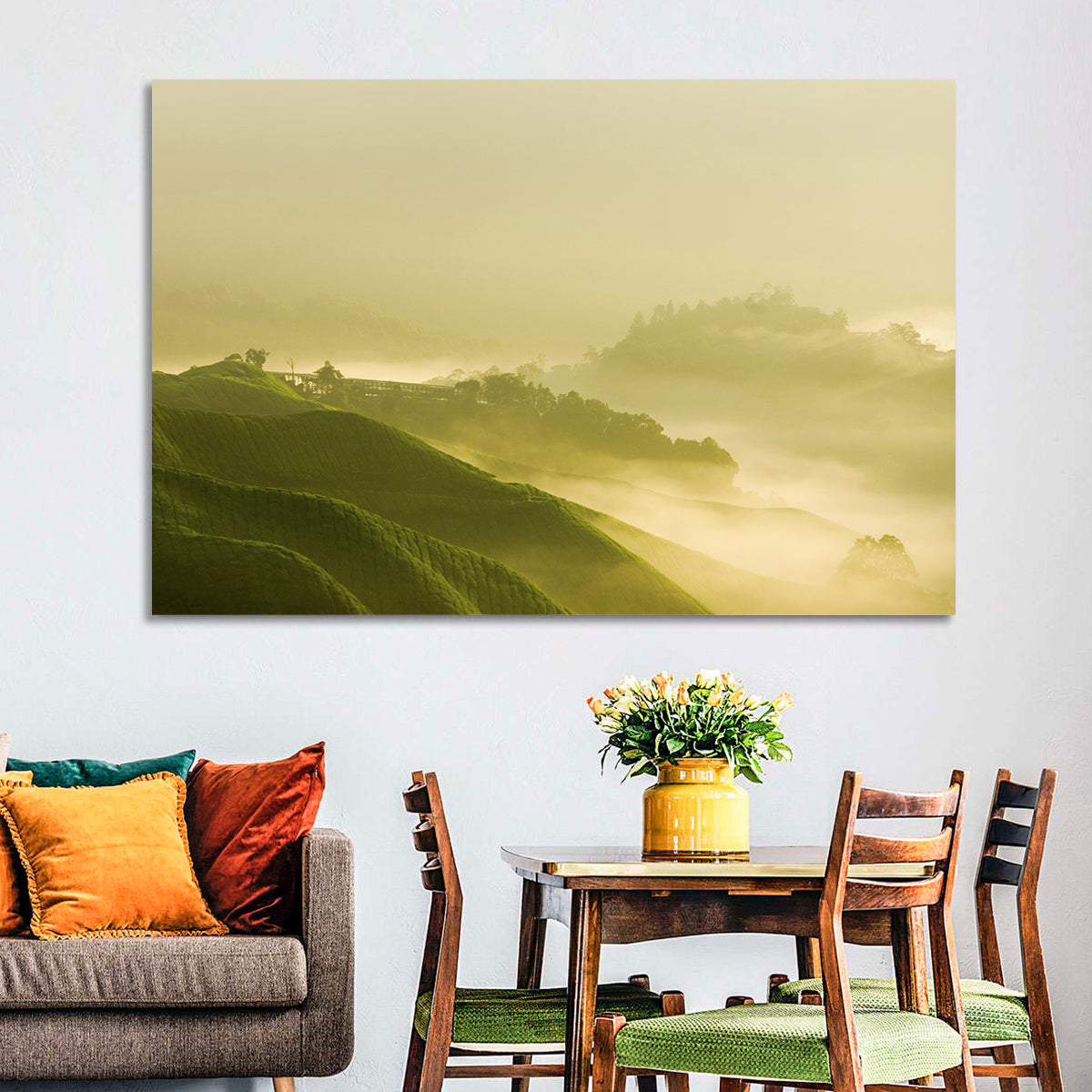 Tea Plantation Morning Mist Wall Art in a room, landscape