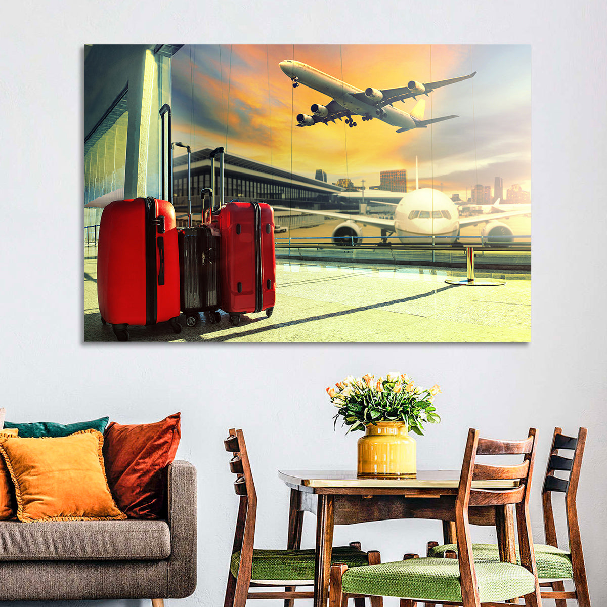 Suitcases at the Airport Window Wall Art in a room, landscape