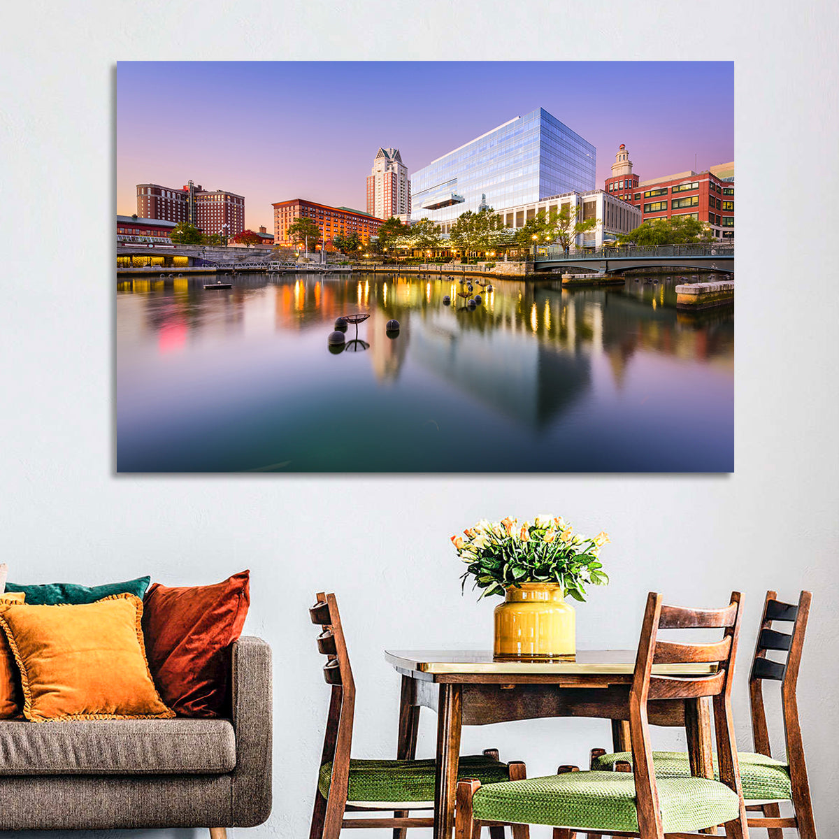 Providence River Skyline at Twilight Wall Art in a room, landscape