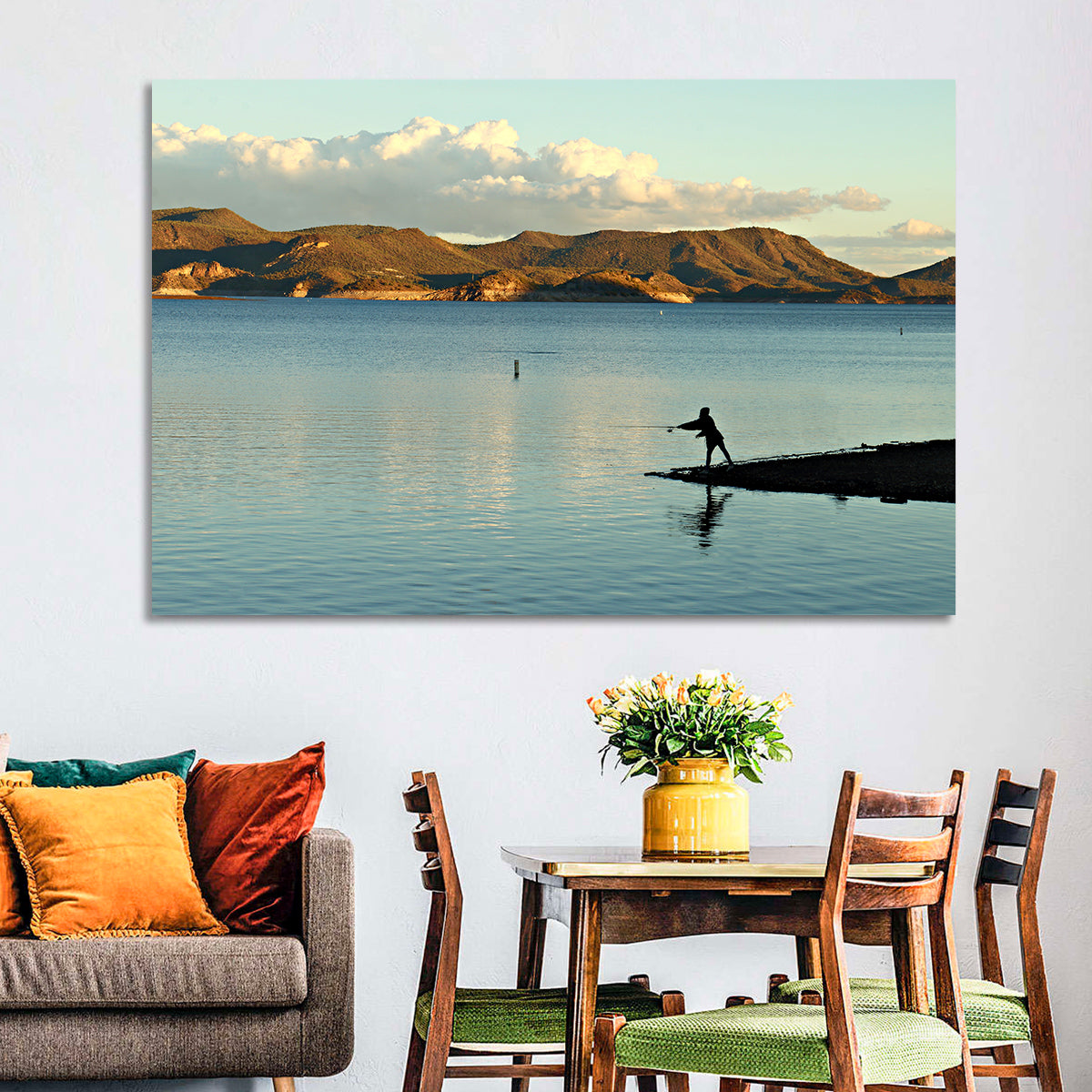 Lake Pleasant Fisherman Silhouette Wall Art in a room, landscape