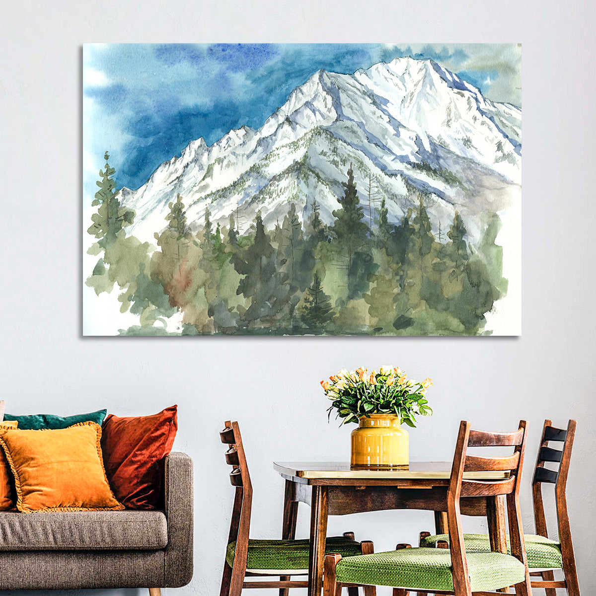 Snowy Mountain Watercolor Wall Art in a room, landscape
