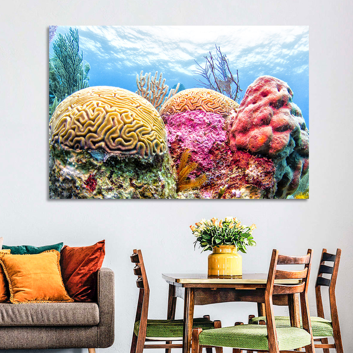 Vibrant Brain Coral Reef Wall Art in a room, landscape
